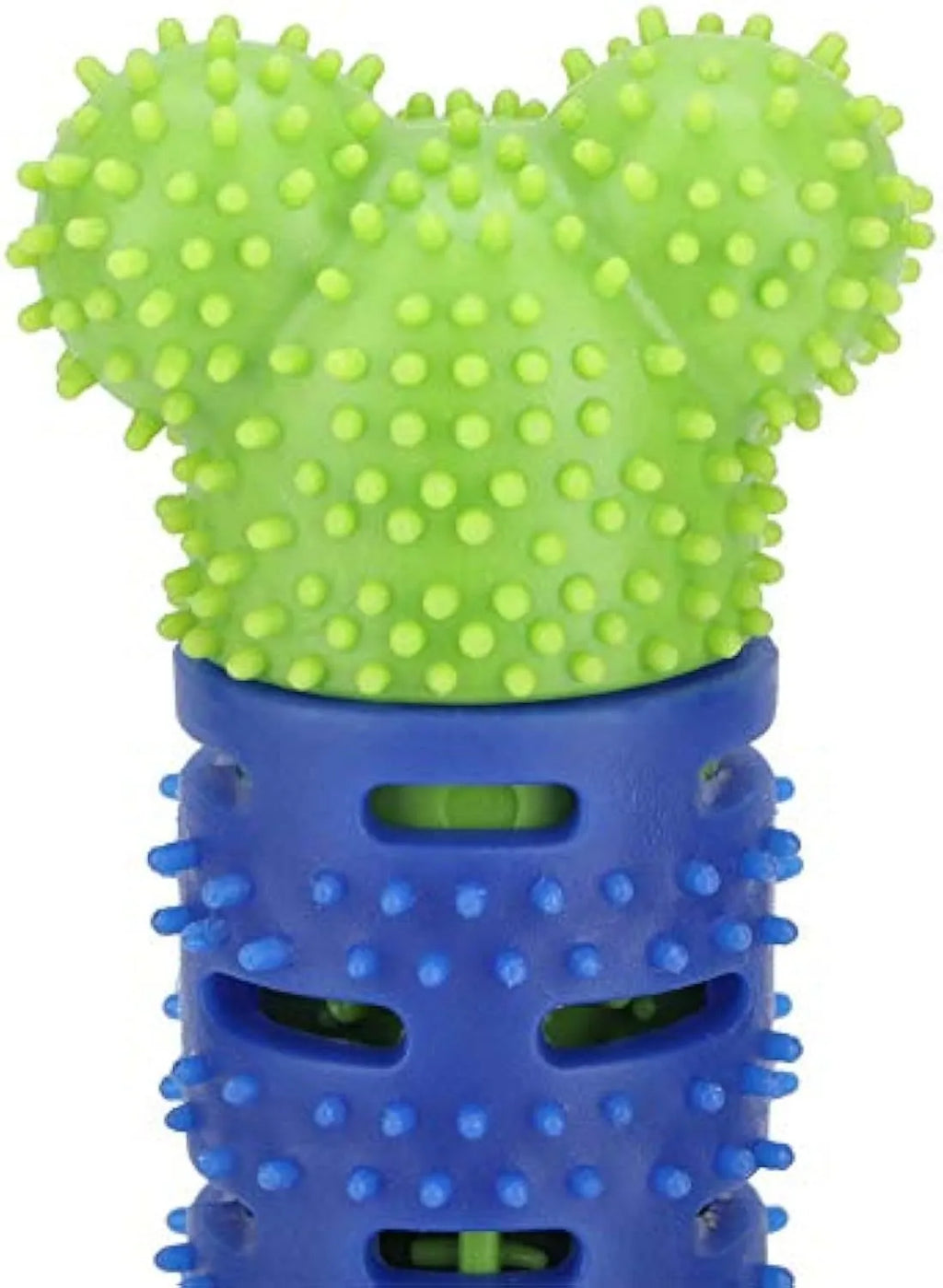 Blue and green silicone dog dental chew toy with serrated brush head and massage nodules.