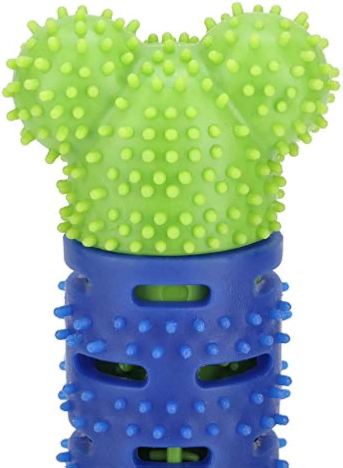 Blue and green silicone dog dental chew toy with serrated brush head and massage nodules.