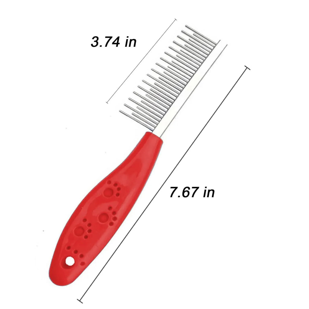 Red handled pet grooming comb with long and short stainless steel pin teeth for dematting.