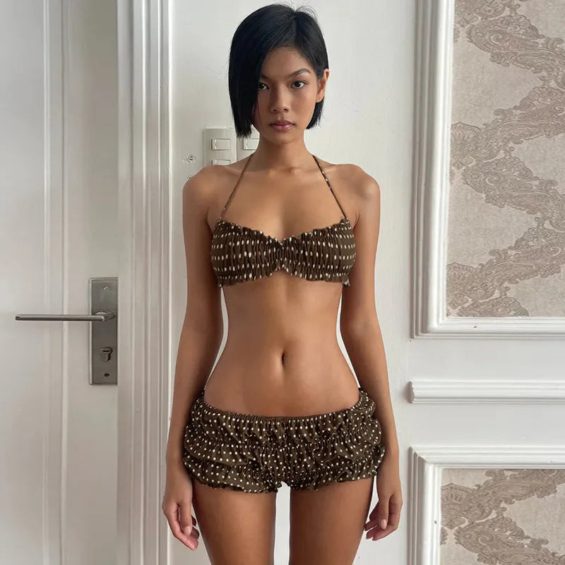 Brown polka dot contrast shorts suit for women with sleeveless strap top and shorts