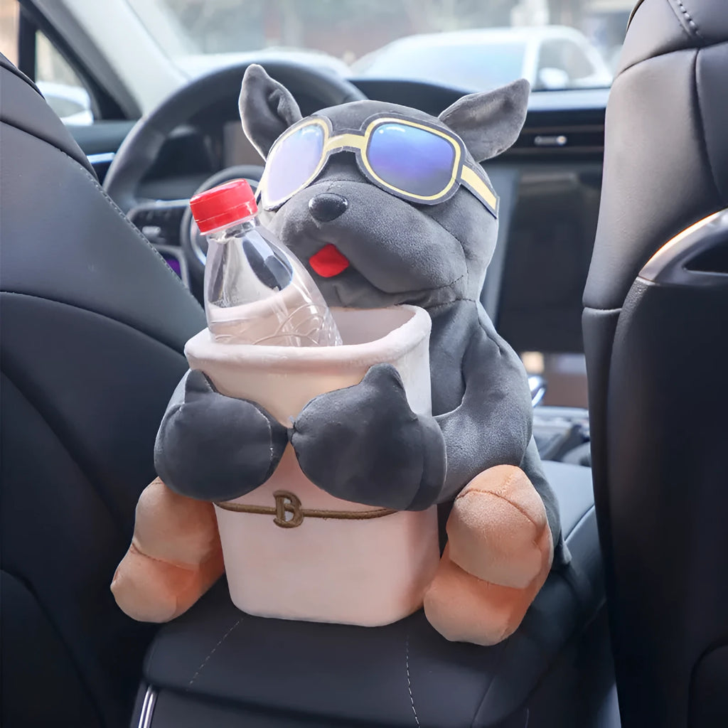 Car tissue box with plush fabric and dog designs hanging from vehicle armrest
