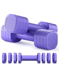 Set of pink and blue detachable 5lb dumbbells for women's fitness on a grey background.