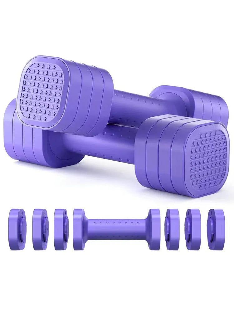 Set of pink and blue detachable 5lb dumbbells for women's fitness on a grey background.