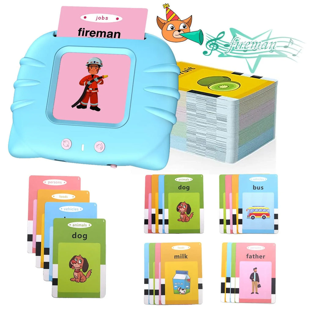 Children's English learning machine with audio book cards showing blue colour and educational interface