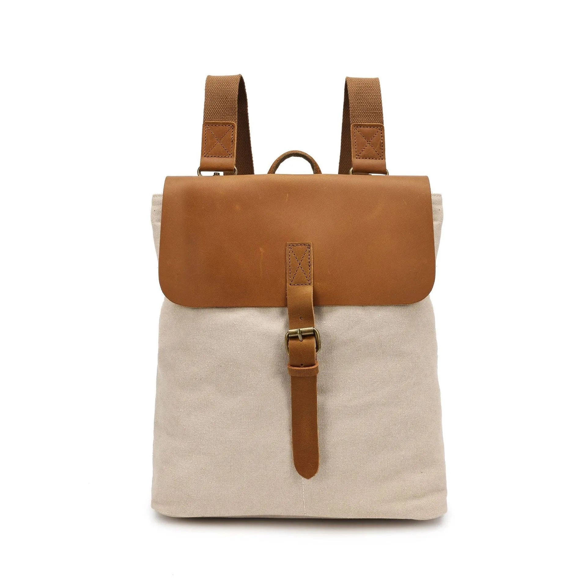 Crazy Horse Leather casual student backpack in waterproof canvas with splicing design
