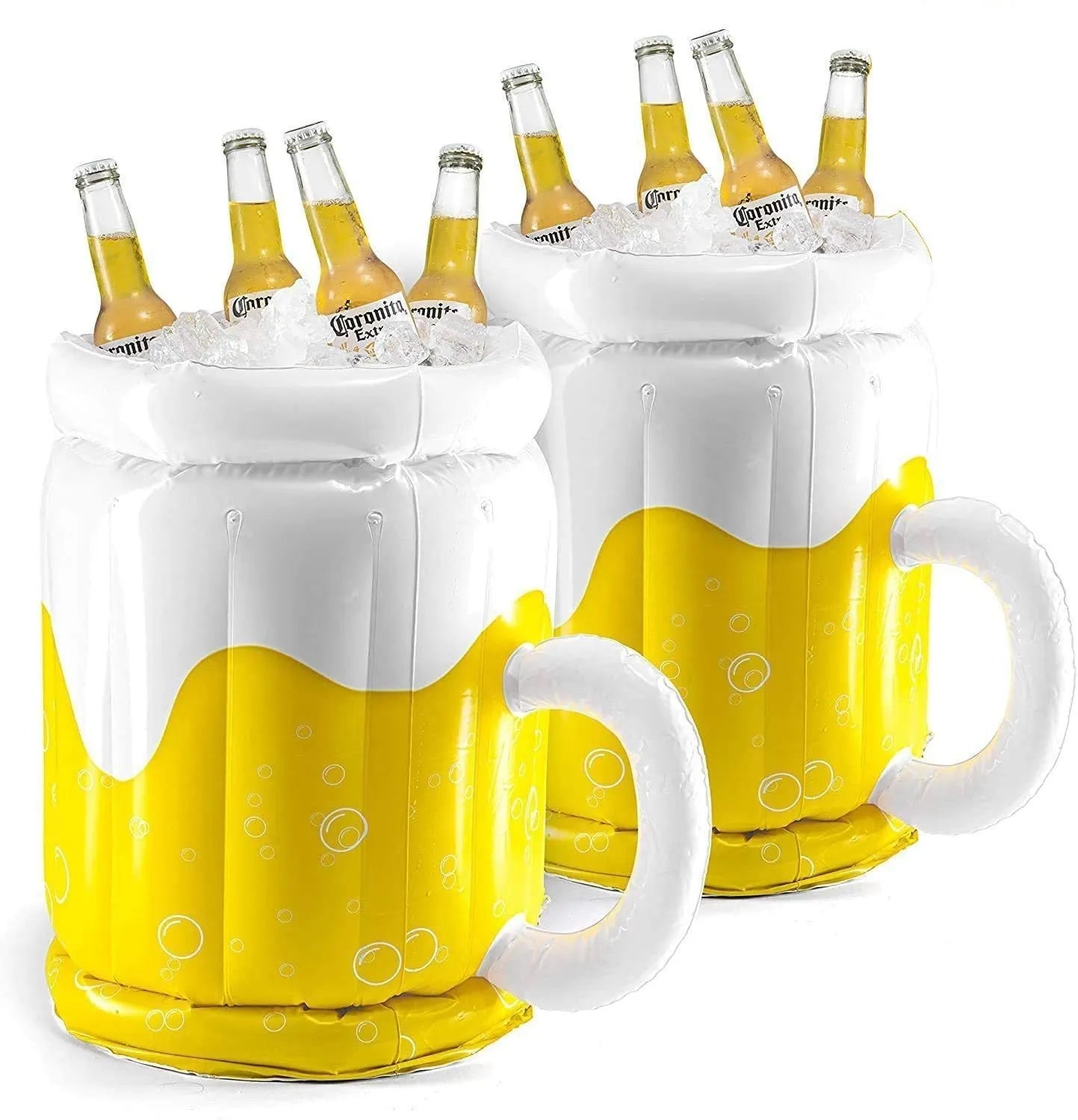 Large yellow inflatable beer mug cooler floating in pool with drinks
