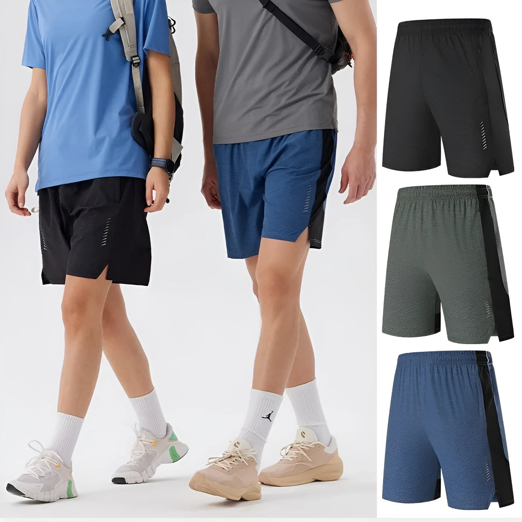 Men's forest green spandex casual shorts with a five-point design and mid-waist fit on a grey background.