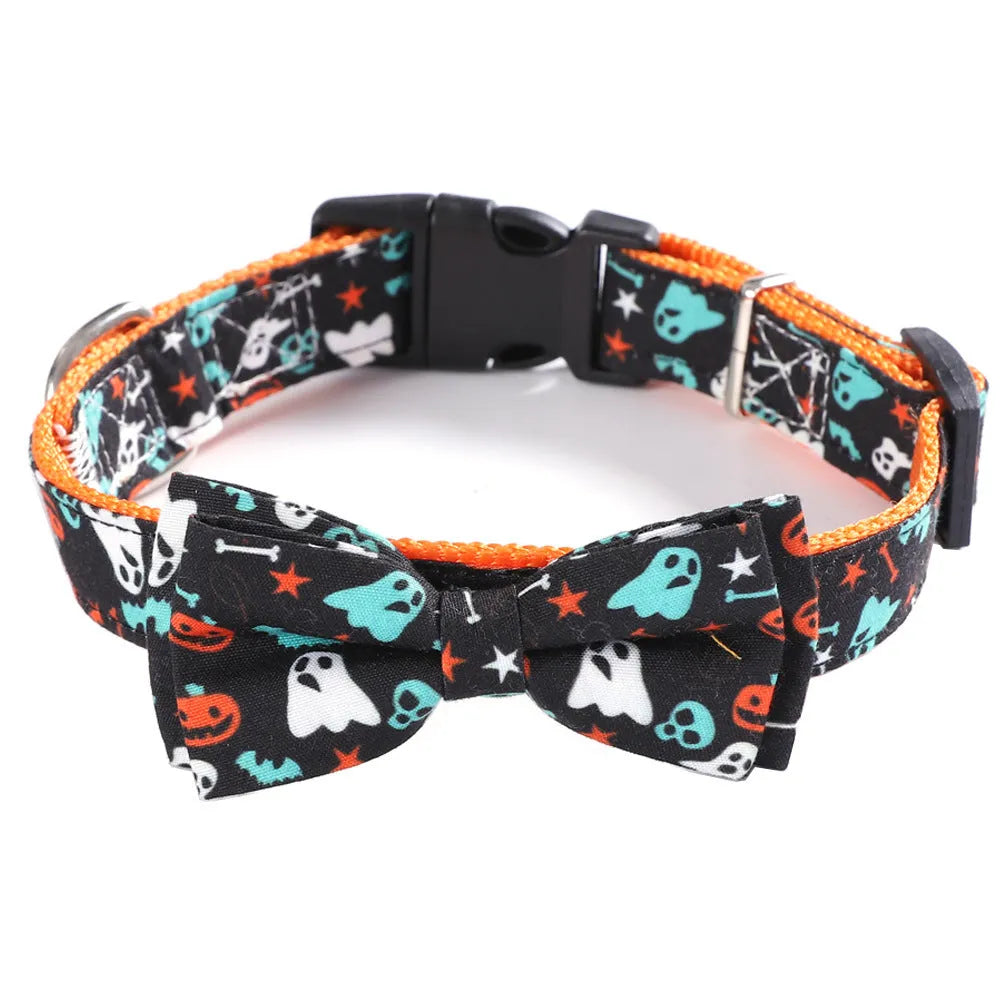 Cat collar with geometric pattern in black ghost, yellow pumpkin, and black skull colours, made from polyester, available in sizes XS to L.