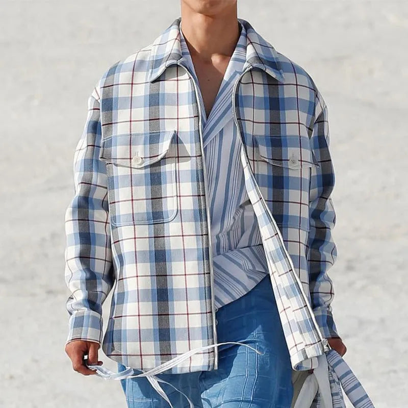 Men's slim fit long sleeve plaid shirt in blue plaid with lapel collar on a hanger