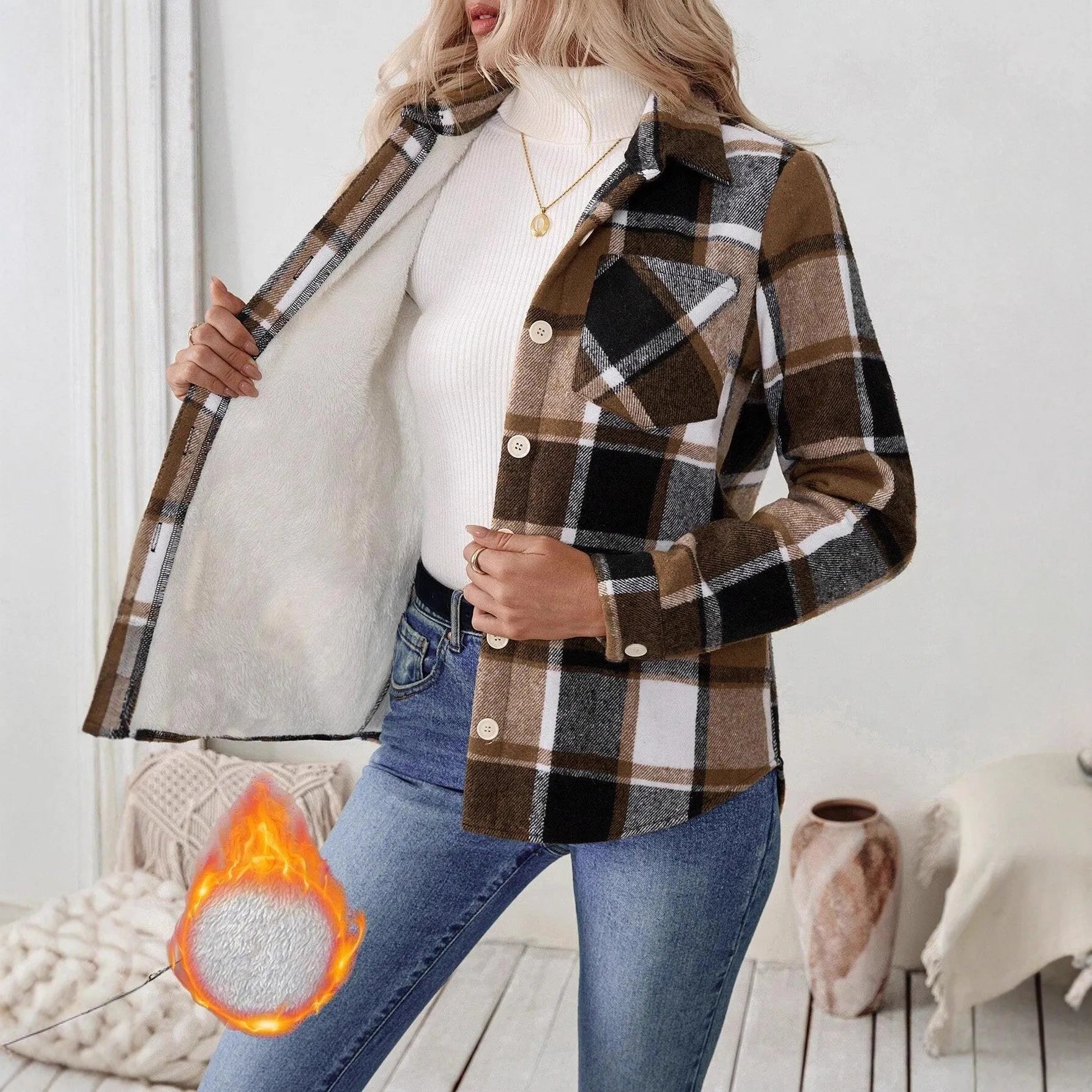 Woolen woven plaid button shirt collar jacket top in brown – Asian size S to XL, polyester fabric, pocket, Japanese Korean casual style