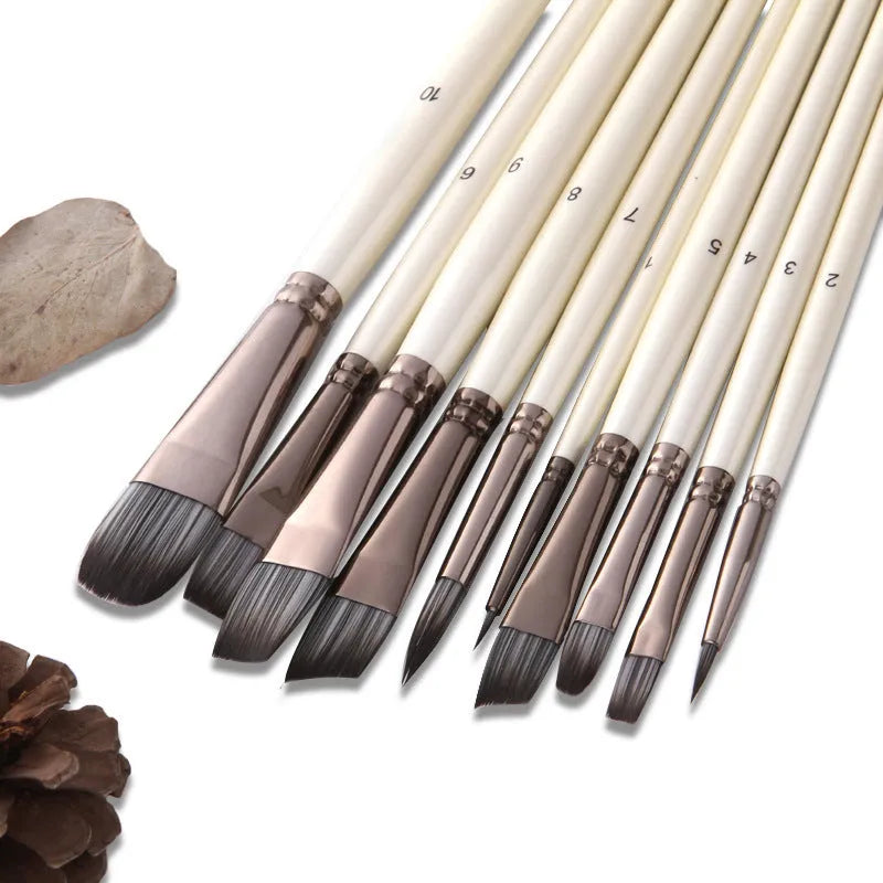 Set of ten pearl white and black nylon watercolour brushes with wooden handles.