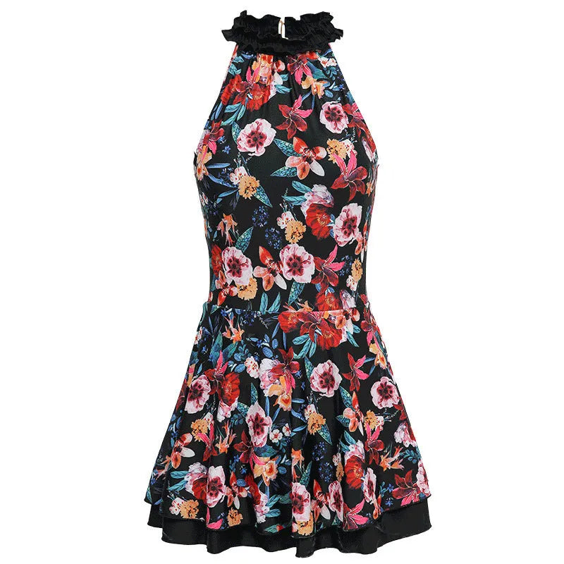 Conservative black printed one-piece ladies swimsuit with Asian sizing options M to XXL