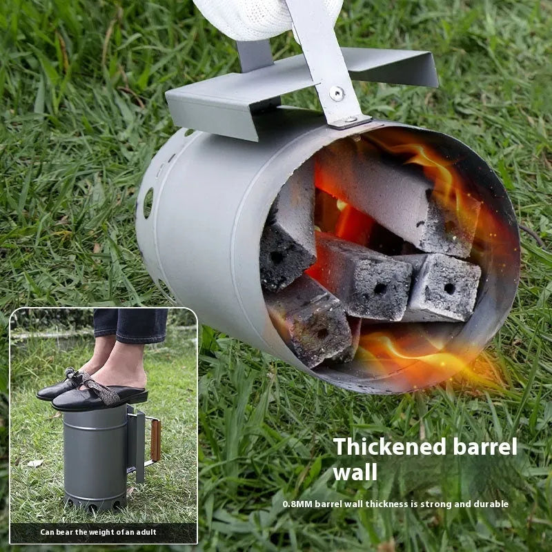Zinc-iron alloy outdoor barbecue charcoal igniter tool with Point Carbon Barrel design on a grey background.