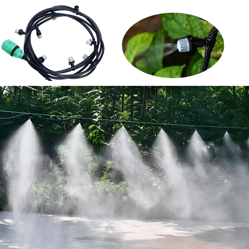10 metre long garden misting hose with 10 spray nozzles for irrigation and cooling