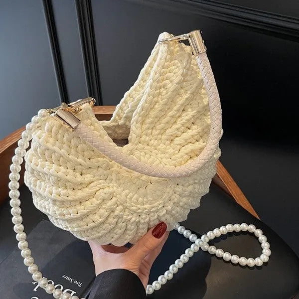Handmade woven women's shoulder bag in European American retro style with double straps and built-in phone compartment
