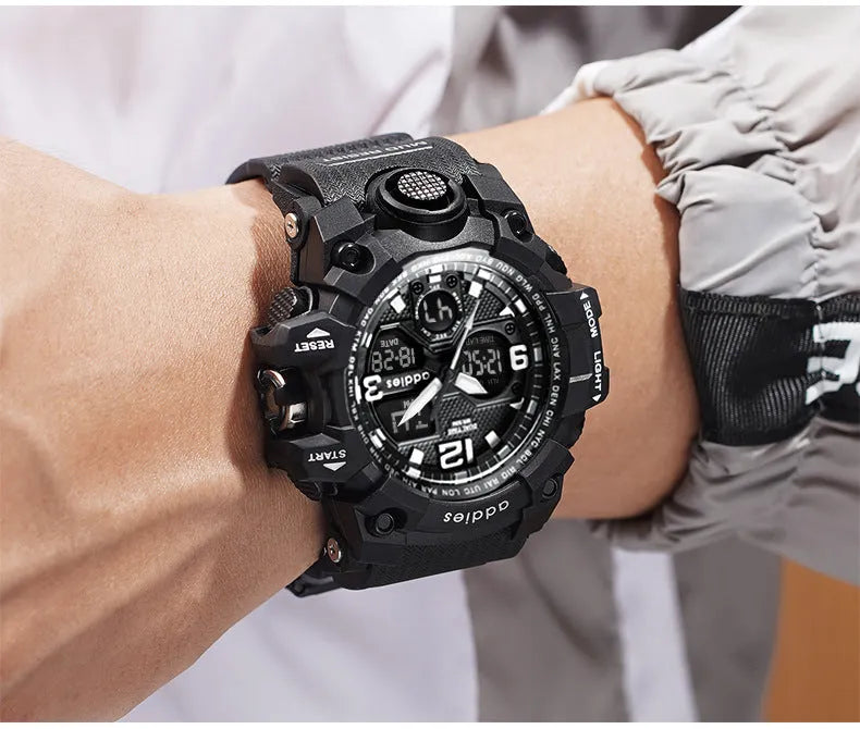 Men's black and red electronic sports watch with analogue hands and digital display, showing 50m waterproof rating on dial