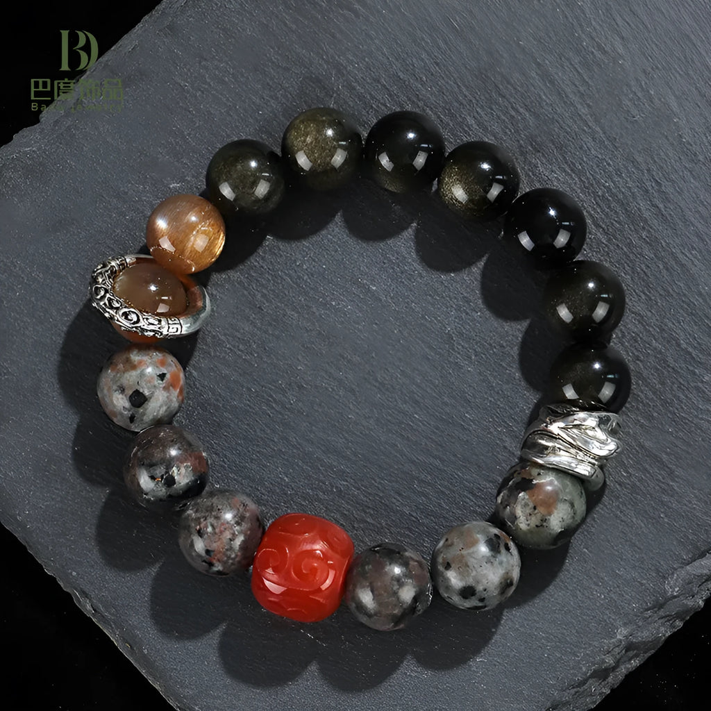 Gold obsidian flame stone red agate unisex bracelet with original design