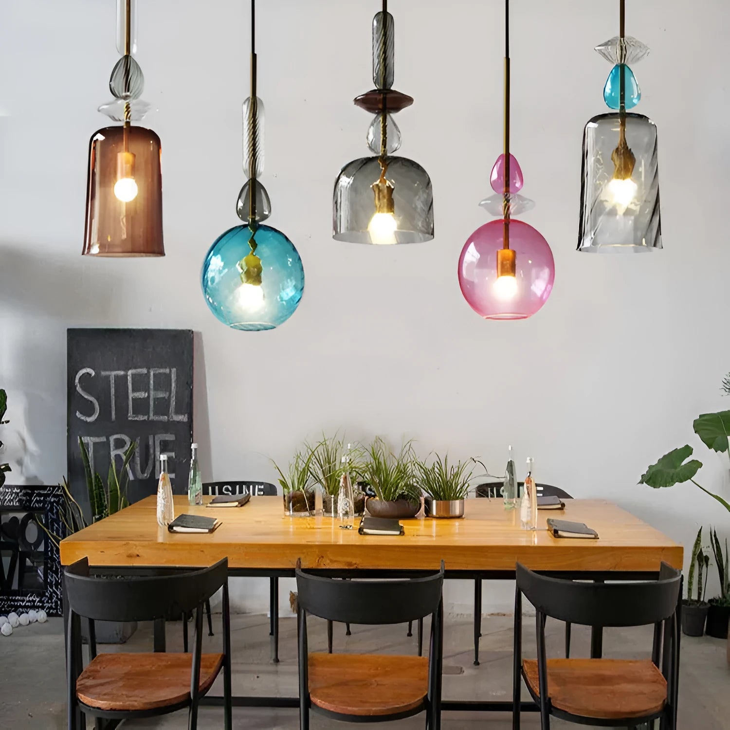 Glass bar counter chandelier with adjustable cord and LED lights