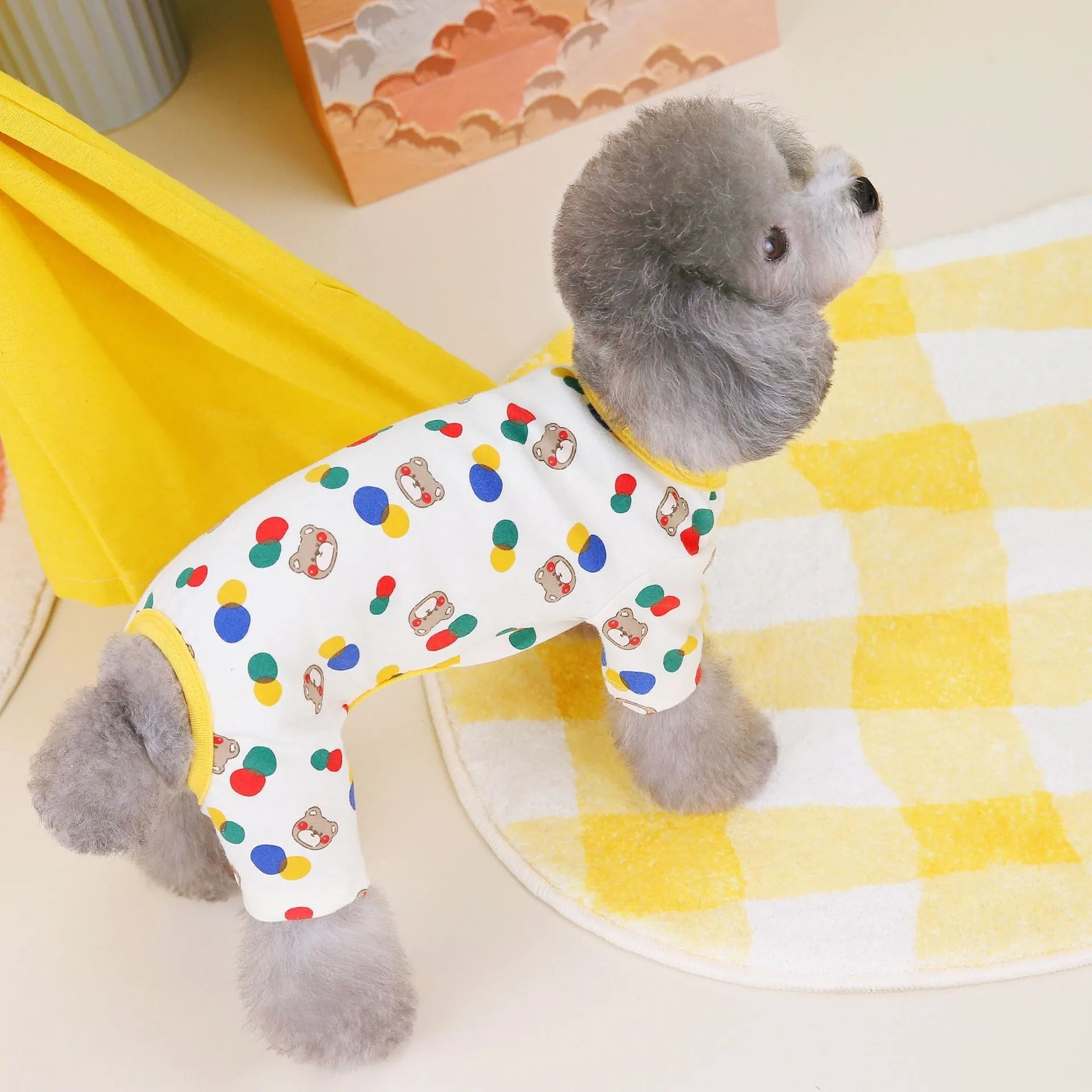 Beige and light brown dog jumpers with colourful ball bear design, sizes S to XXL