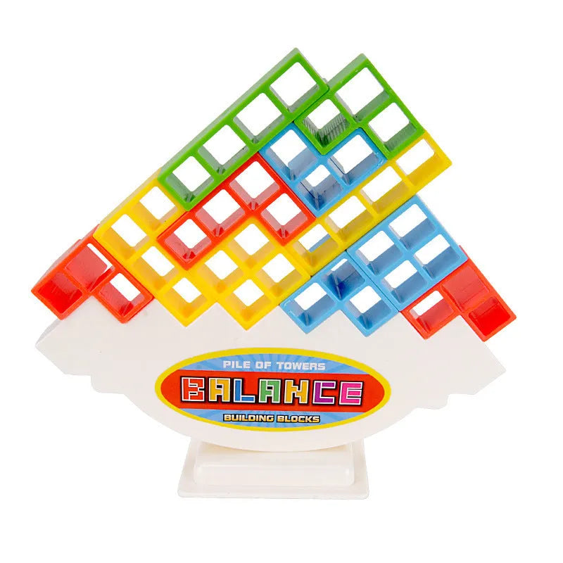 Plastic balance stacking game with 16 colourful building blocks on a square chassis