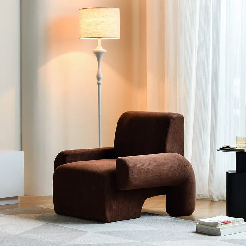 Nordic single sofa chair with black and off-white teddy fabric upholstery, solid wood frame, dimensions 90x87x75cm