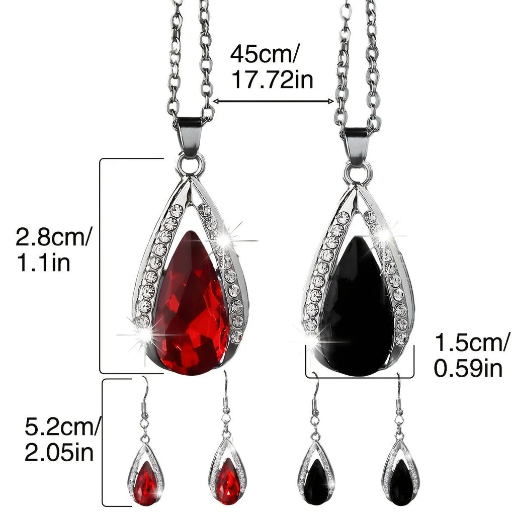Black and red teardrop-shaped glass pendant necklace and matching earrings set on alloy chain.