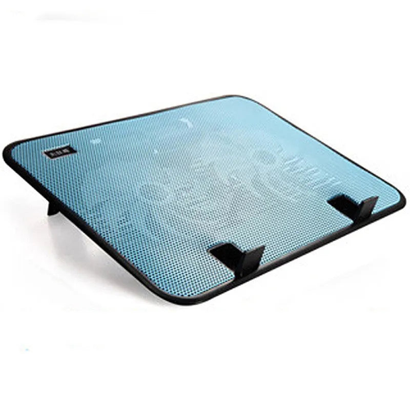 Black aluminium laptop cooling base with 140mm exhaust fan on a desk surface