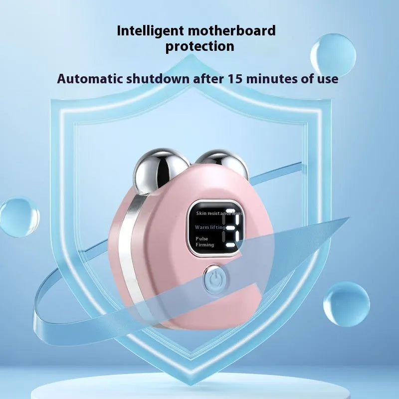 Portable white microcurrent facial massager with dual rollers and charging cable.
