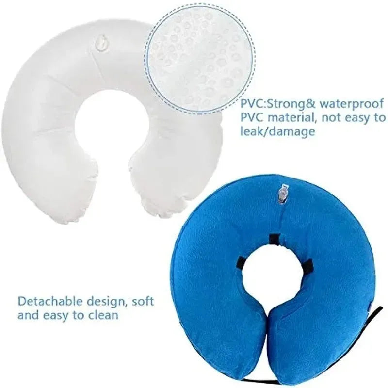 Blue inflatable recovery collar for dogs and cats with size chart showing measurements