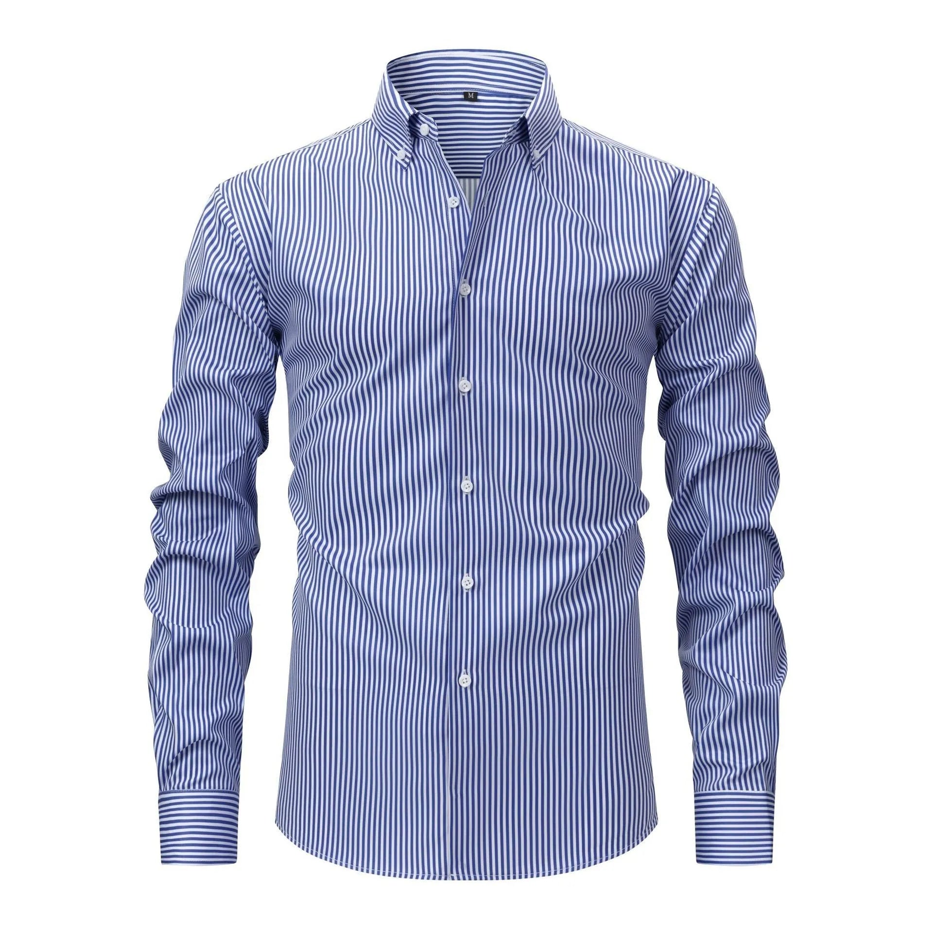 Man wearing a grey and white striped long-sleeved business casual shirt with a lapel collar.