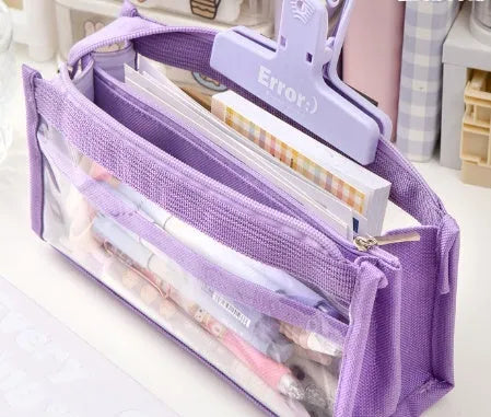 Large capacity transparent canvas pen bag with six-layer layout in Smoked Coat Purple for primary school stationery