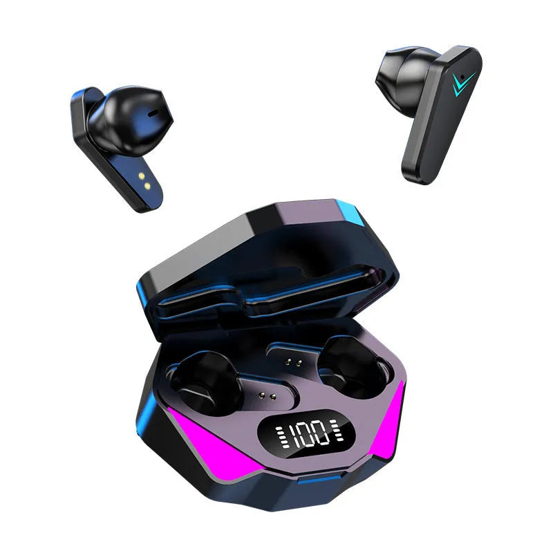 X15 wireless in-ear Bluetooth gaming headset with charging case, shown in available colour options.