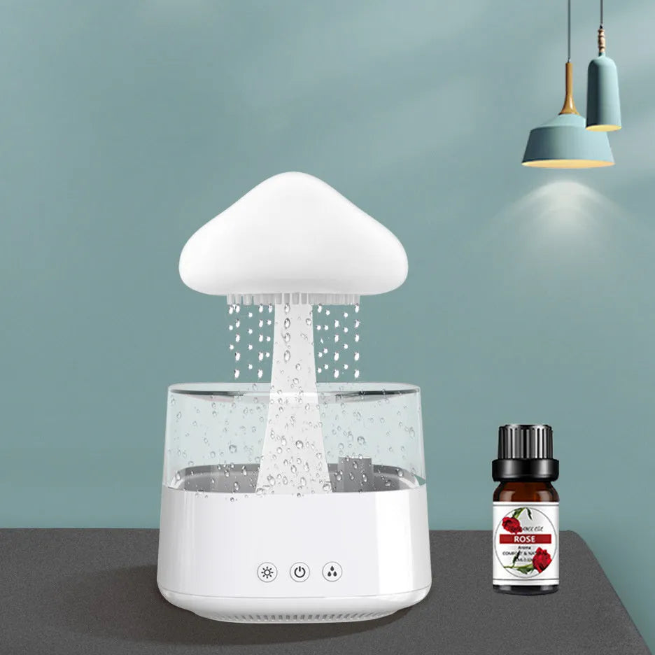 2-in-1 desk humidifier with raining cloud night light and essential oil diffuser in wood grain or white colour