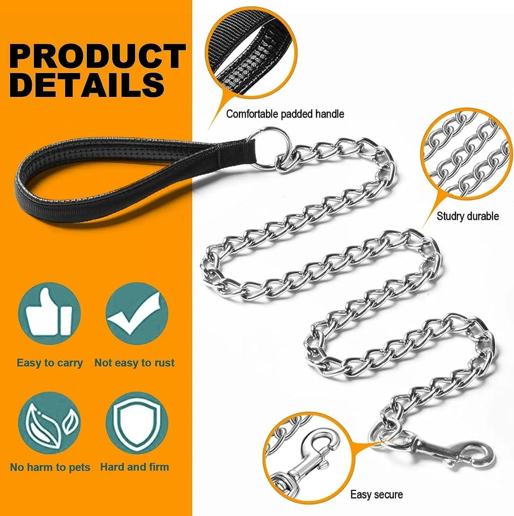 Heavy duty metal dog leash with chew-proof chain and soft blue padded handle.
