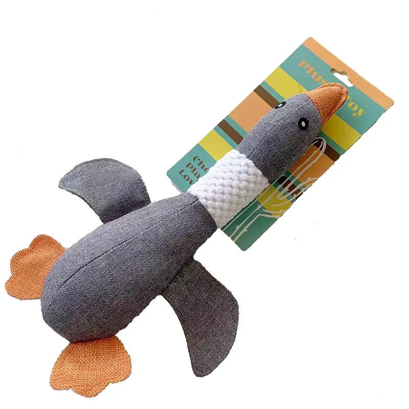 Blue, green, or grey duck-shaped plush dog toy with two squeakers.