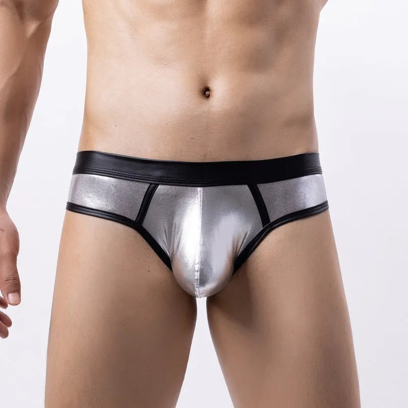 Men's gold low waist polyester bikini swim briefs on a white background.
