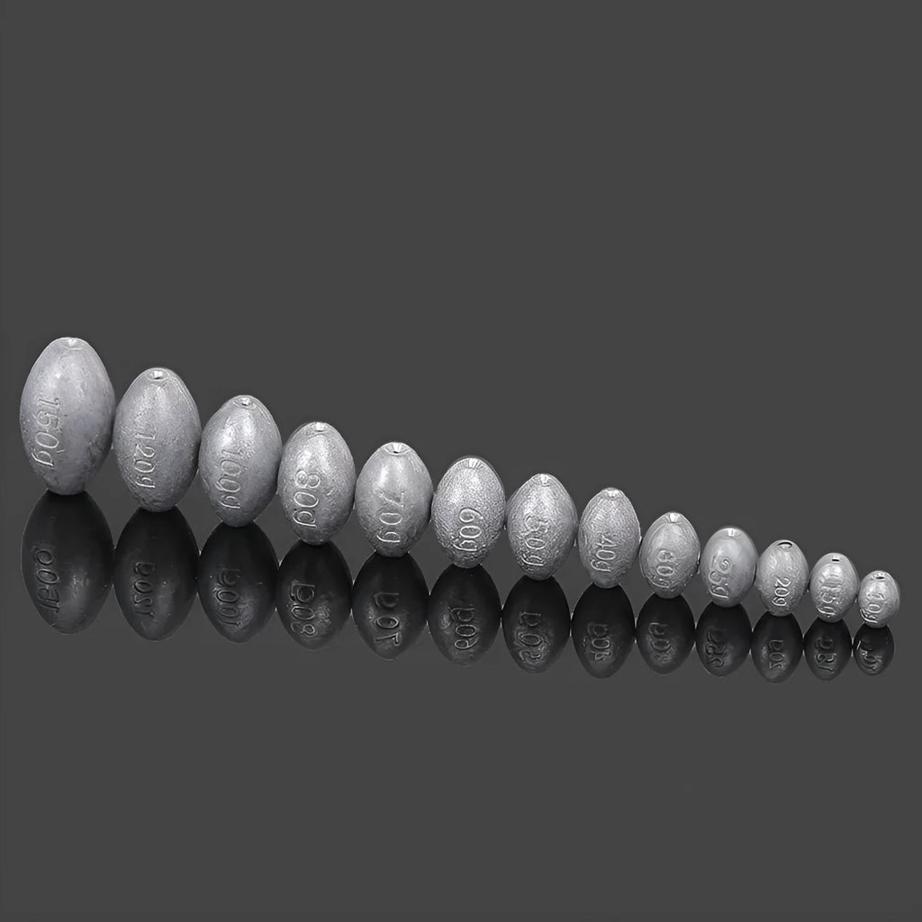 Scaled olive lead fishing sinker with Tongxin plastic core in rugby shape.