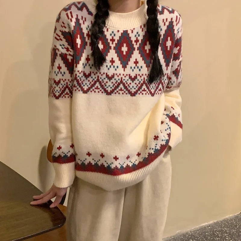 Loose retro striped pullover knitted top in red or white with long sleeves