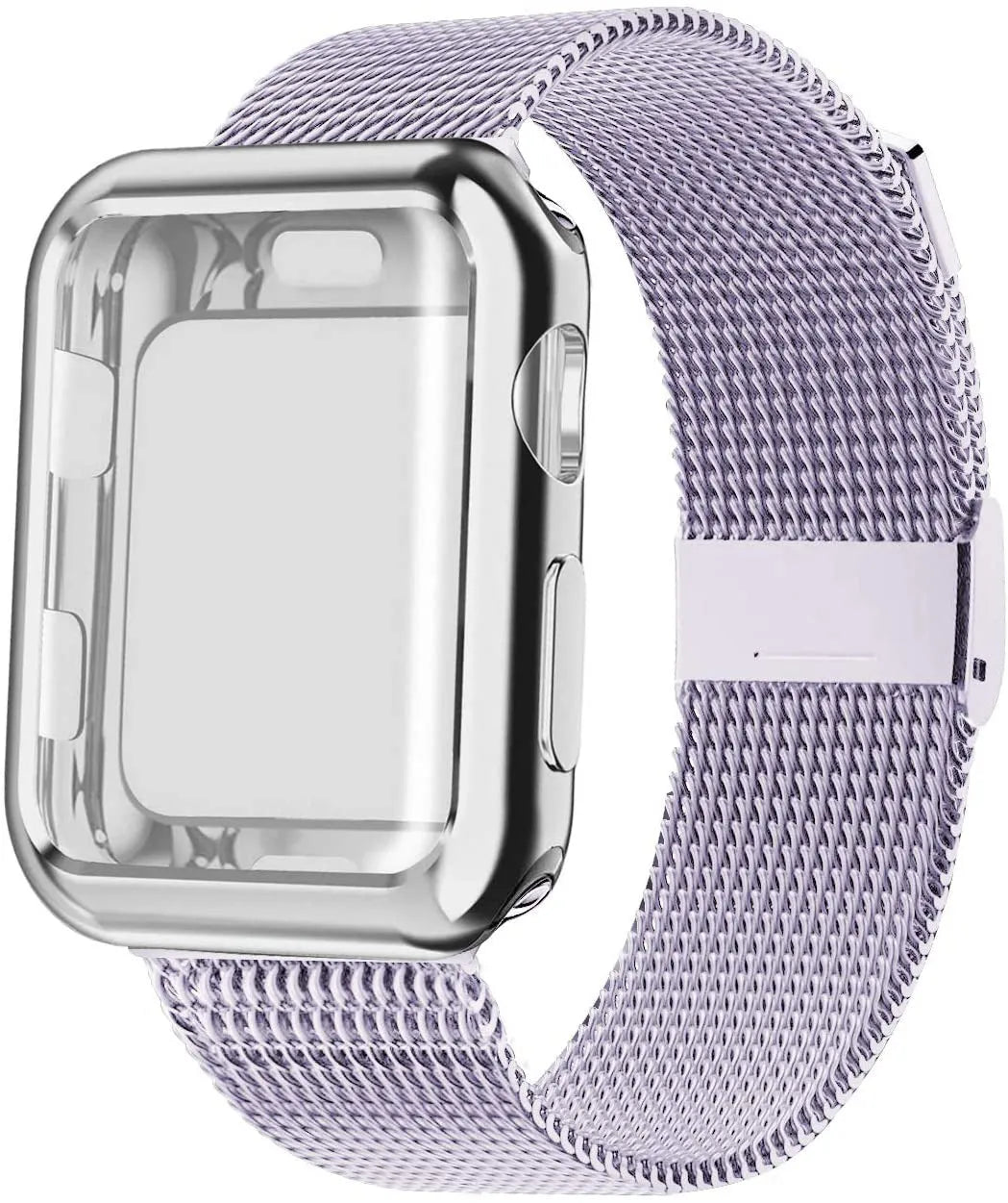 Magnetic Milanese loop metal strap for Apple Watch in silver, shown attached to a watch.