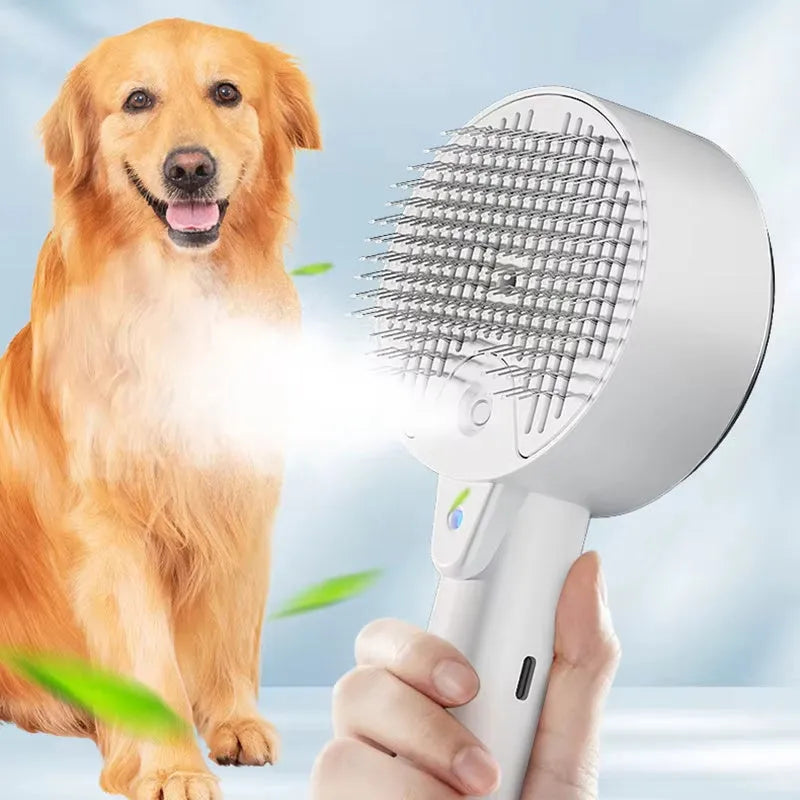 3-in-1 electric steam brush for cat and dog grooming, pink, with spray and massage comb