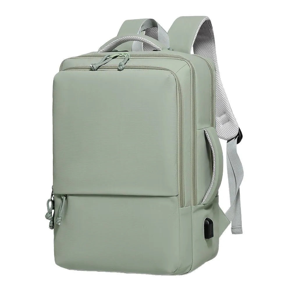 Green waterproof Oxford cloth backpack for business travel with air pillow straps, 45cm tall.