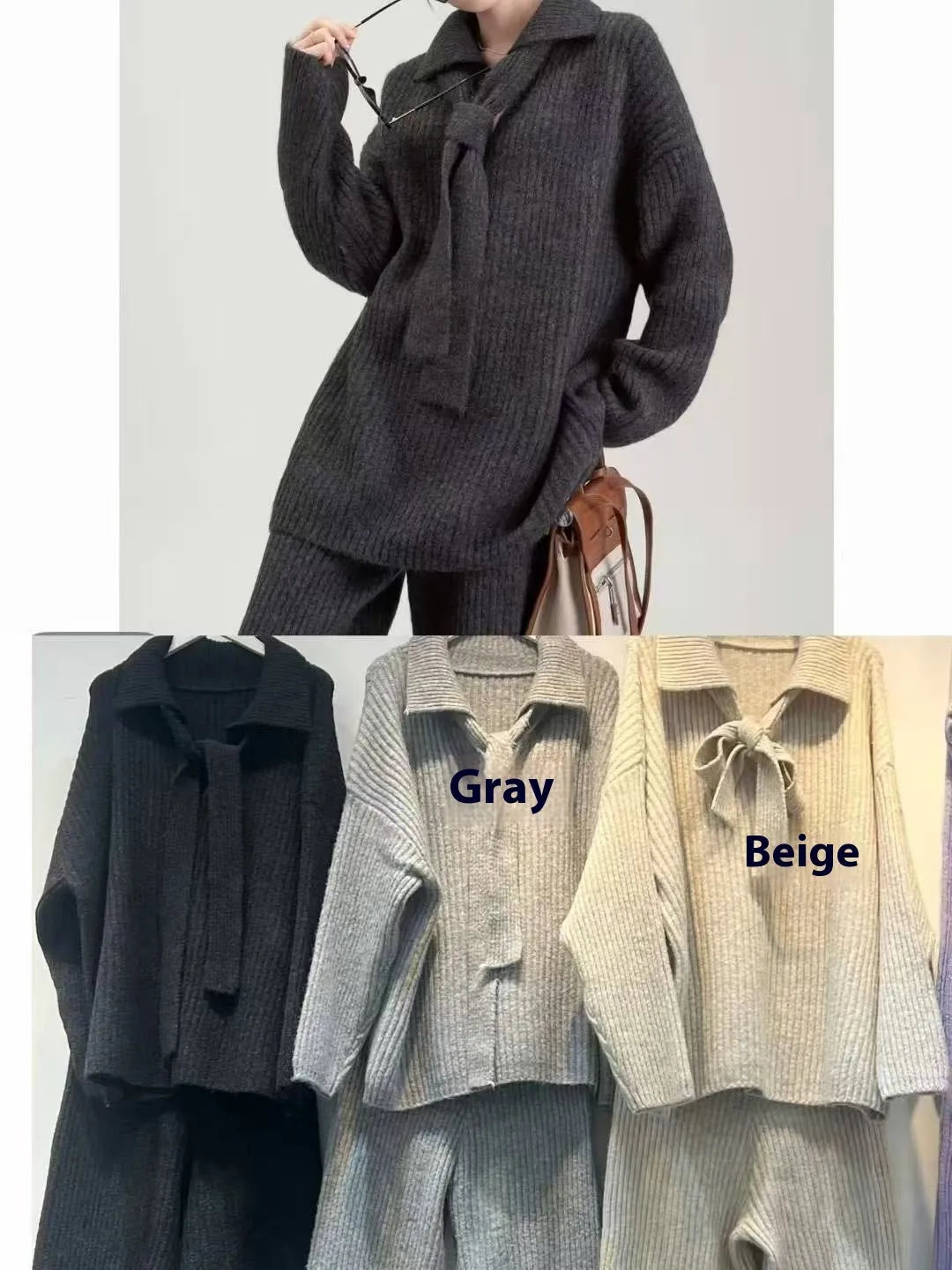 Women's beige knitted top and trousers two-piece set with long sleeves on a hanger.