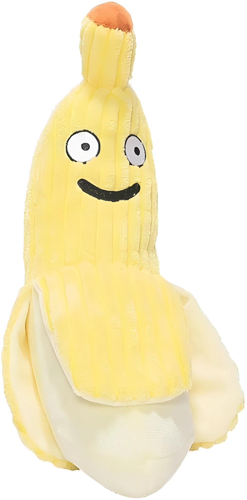 Yellow banana-shaped plush cat toy with a green tip and a textured velvet strip.