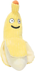 Yellow banana-shaped plush cat toy with a green tip and a textured velvet strip.