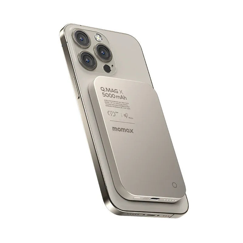 Titanium gold and black magnetic wireless alloy power bank showing magnetic ring for phone attachment.