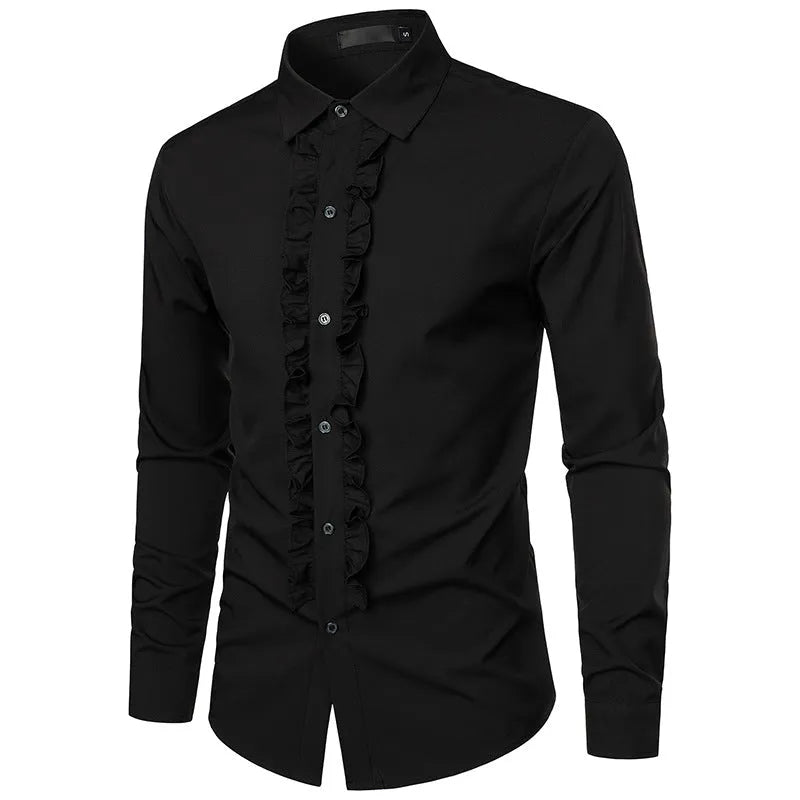 Men's long sleeve loose fit linen blend cardigan shirt in black, suitable for party or wedding wear