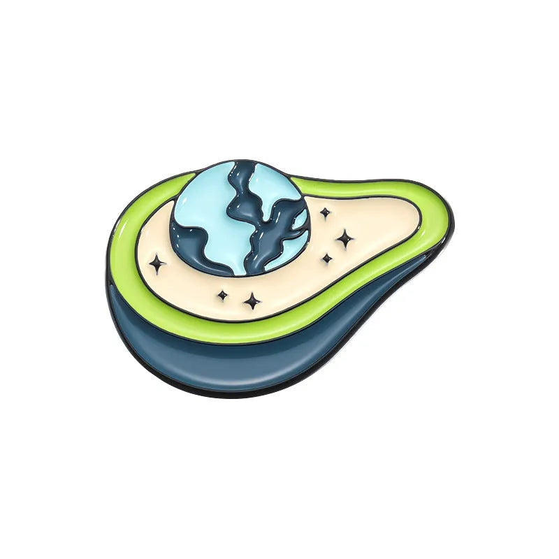 Colourful cartoon-style fruit metal brooch with pin back on a denim jacket lapel.