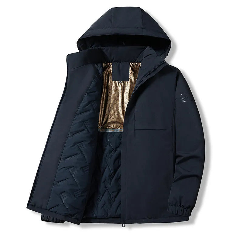 Men's black waterproof winter jacket shown on a hanger, showcasing its windproof outdoor design.