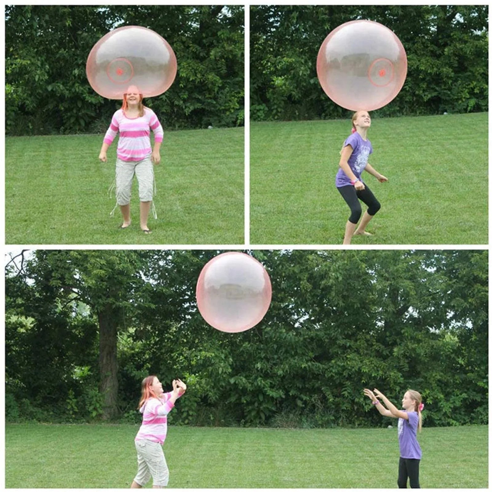 Assortment of inflated pink, yellow, blue and green TPR bouncy balls in different sizes on a plain background.