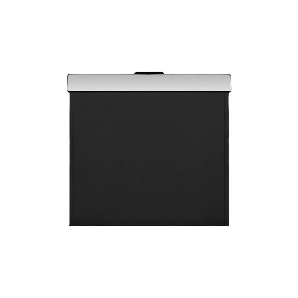 Car leather garbage bag with magnetic closure and LED light, hanging in vehicle interior, black colour